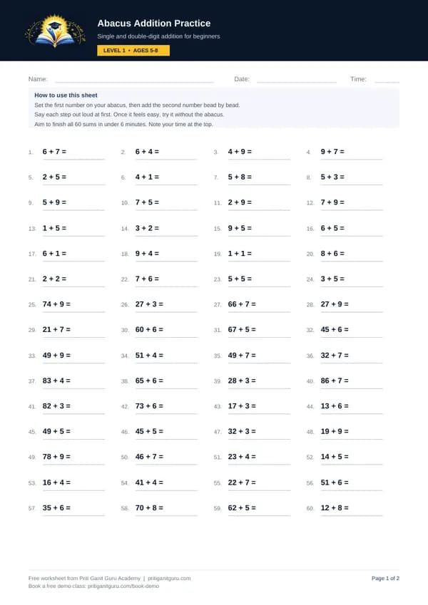 Free abacus addition practice worksheet