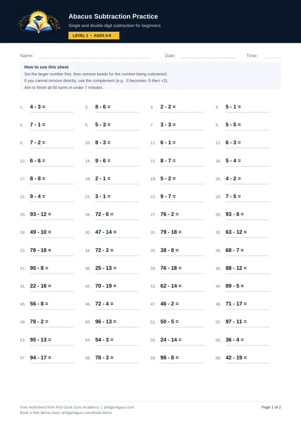 Preview of Abacus Subtraction Practice — Level 1