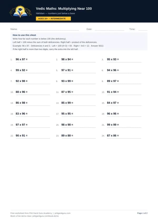 Preview of Vedic Maths — Multiplying Near 100