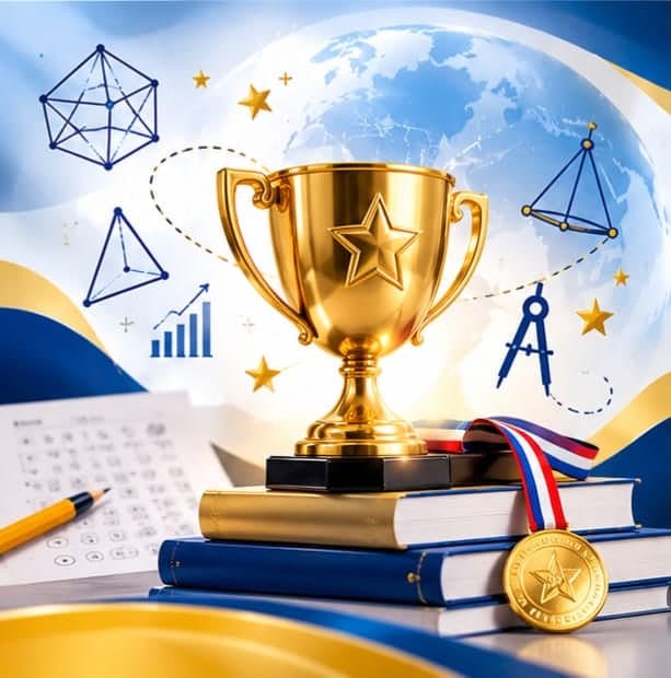Maths Olympiad trophy and medal on a stack of books