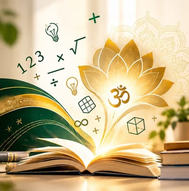Open book with a golden lotus and maths symbols for Vedic Maths