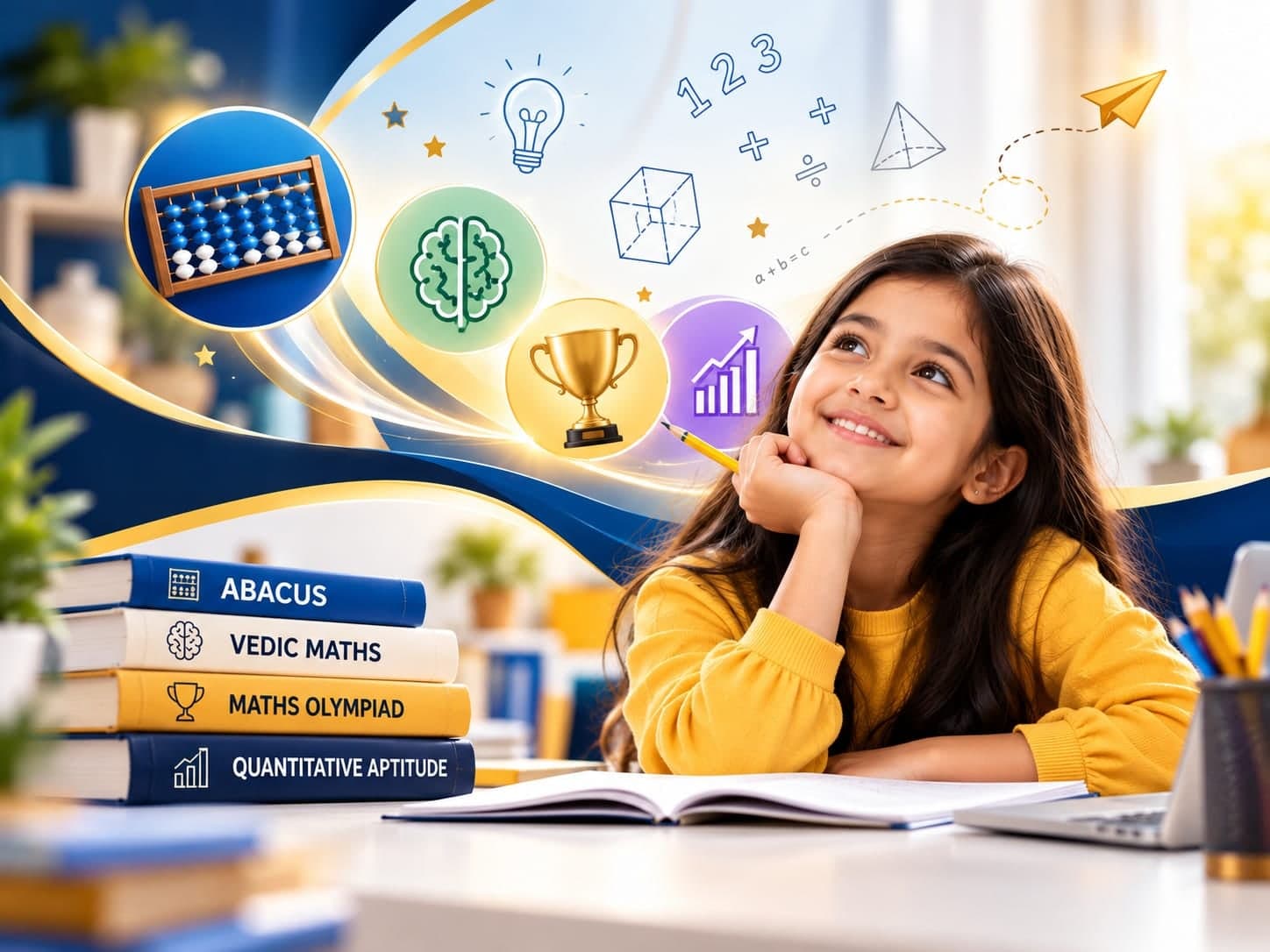 Student thinking happily beside books for Abacus, Vedic Maths, Maths Olympiad and Quantitative Aptitude